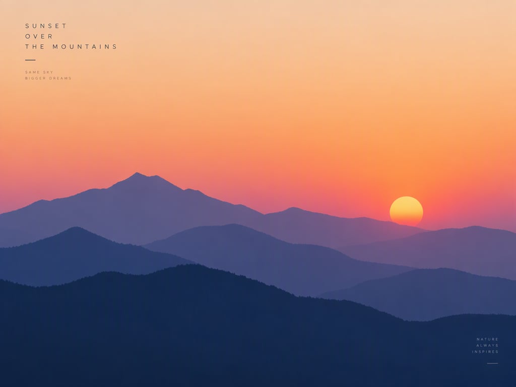 Minimalist poster: mountains at sunset, soft gradients